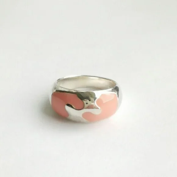 Peach Enamel mosaic dome band Ring Sterling Silver size 6 - Picture 5 of 7